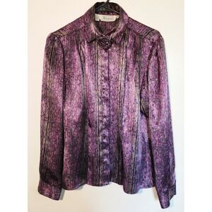 Notations Vintage Purple Abstract Geometric Button Down Blouse Rosette Size 10
